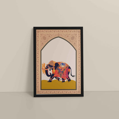 Floor View of Royal Elephant – Traditional Madhubani Art Painting in Black Color Frame