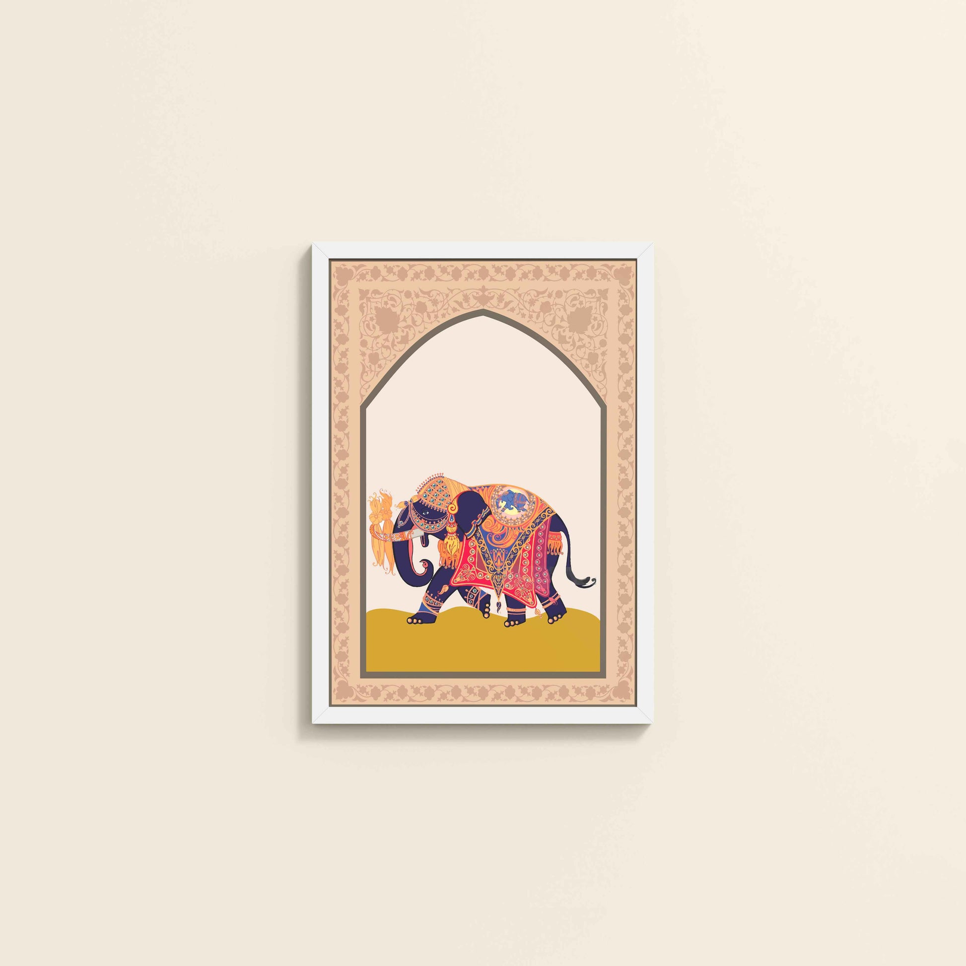 Wall View of Royal Elephant – Traditional Madhubani Art Painting in White Color Frame