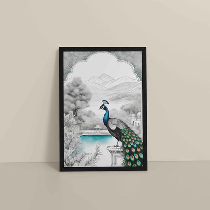 Floor View of Peacock with Nature Traditional Madhubani Art Wall Frame in Black Color Frame
