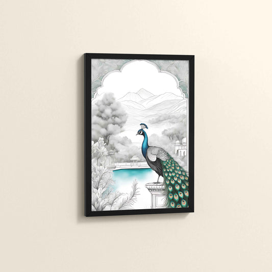Side View of Peacock with Nature Traditional Madhubani Art Wall Frame in Black Color Frame