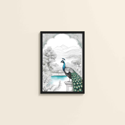 Wall View of Peacock with Nature Traditional Madhubani Art Wall Frame in Black Color Frame