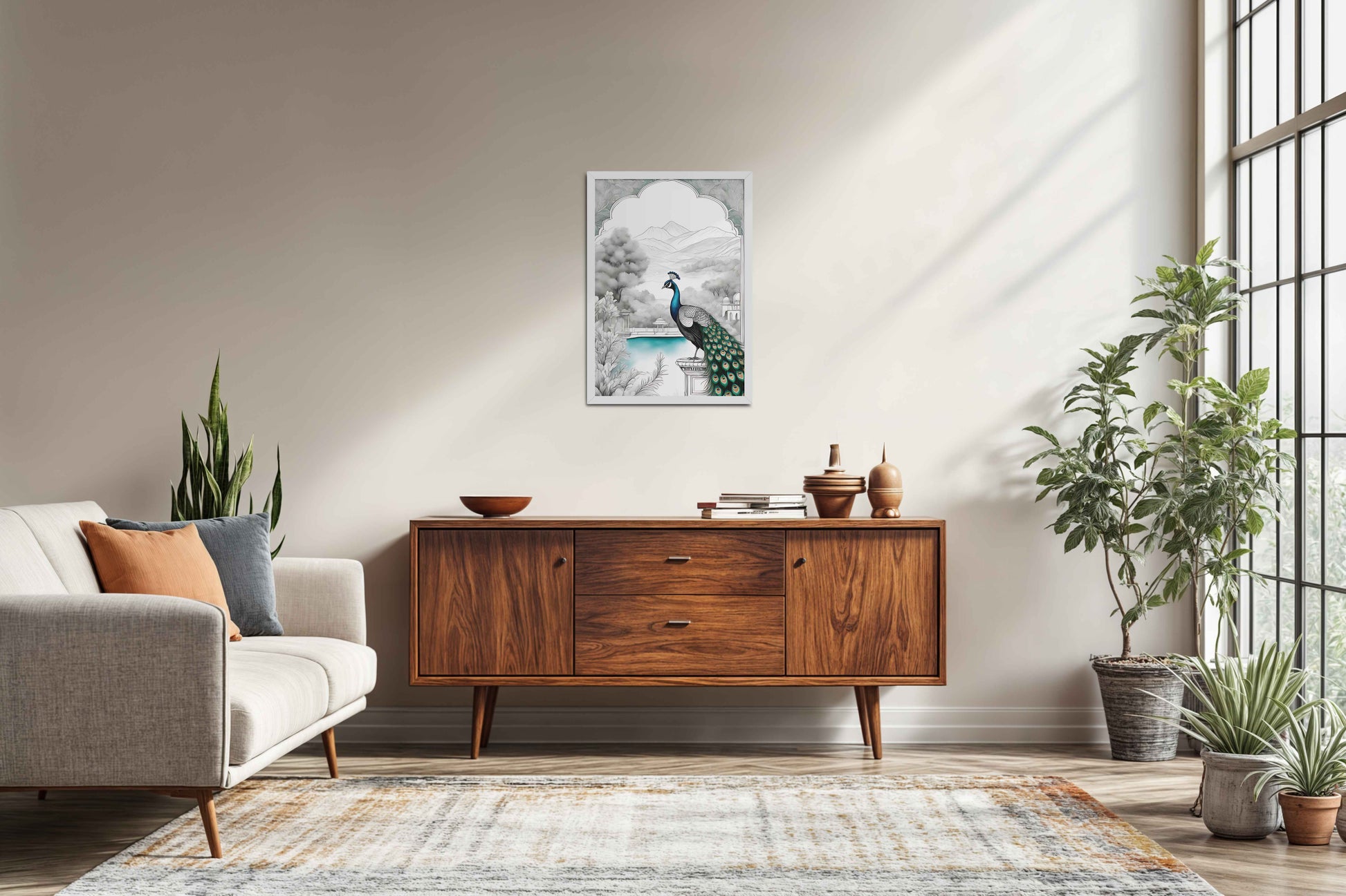 Living Room Sofa Preview of Peacock with Nature Traditional Madhubani Art Wall Frame in White Color Frame