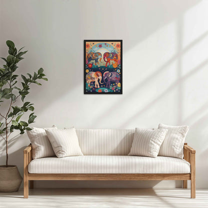 Living Room Cabinet Table Preview of Intricately Adorned Elephants – Traditional Madhubani Artwork in Black Color Frame