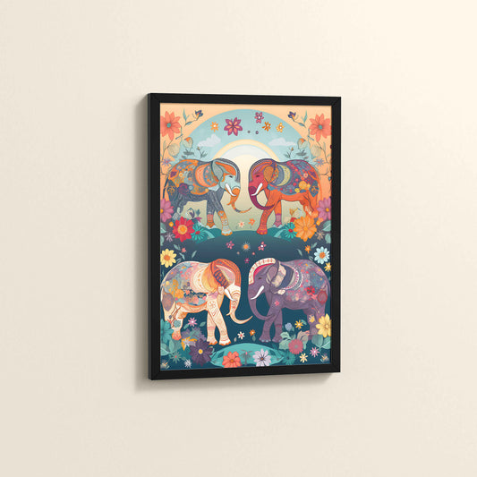 Side View of Intricately Adorned Elephants – Traditional Madhubani Artwork in Black Color Frame