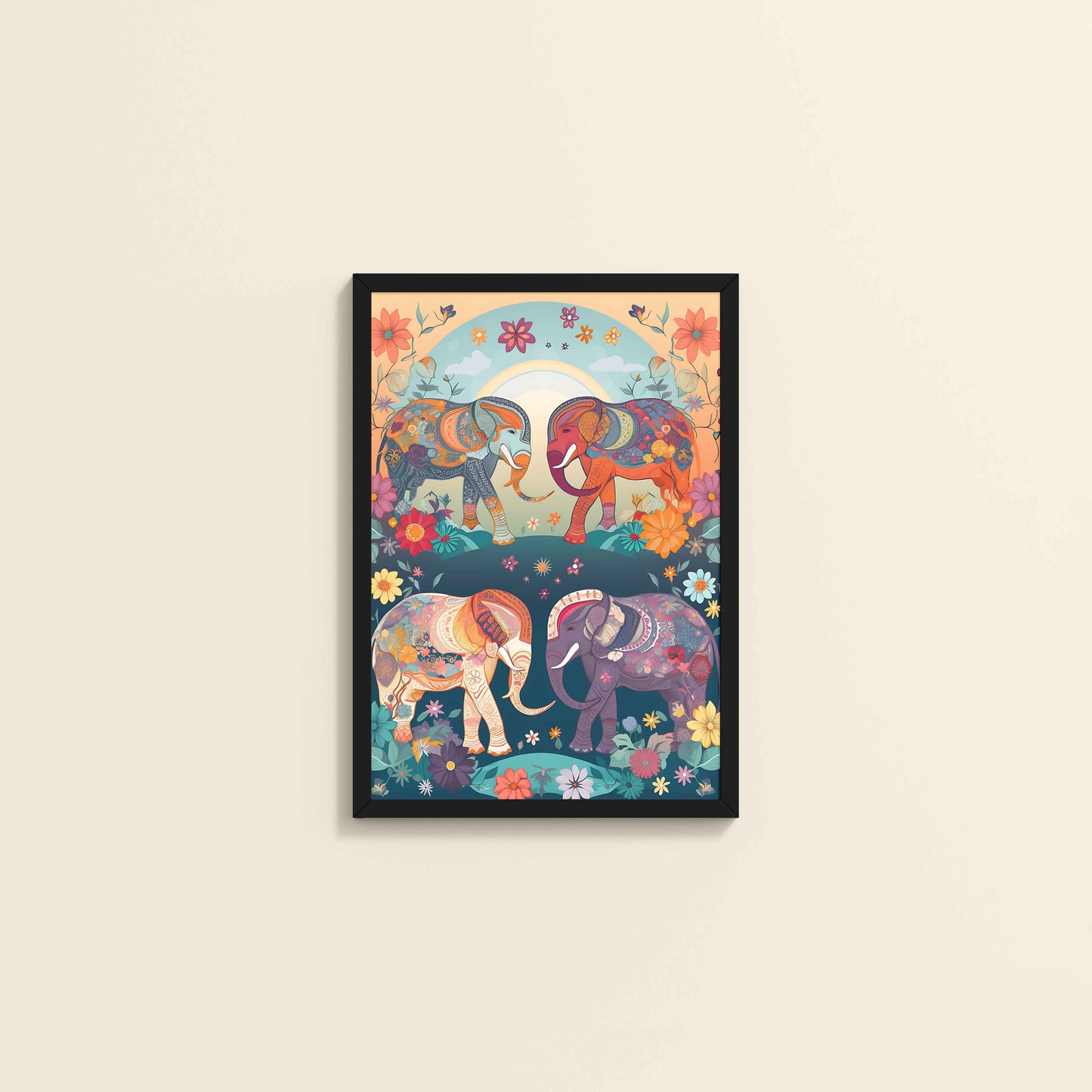 Wall View of Intricately Adorned Elephants – Traditional Madhubani Artwork in Black Color Frame