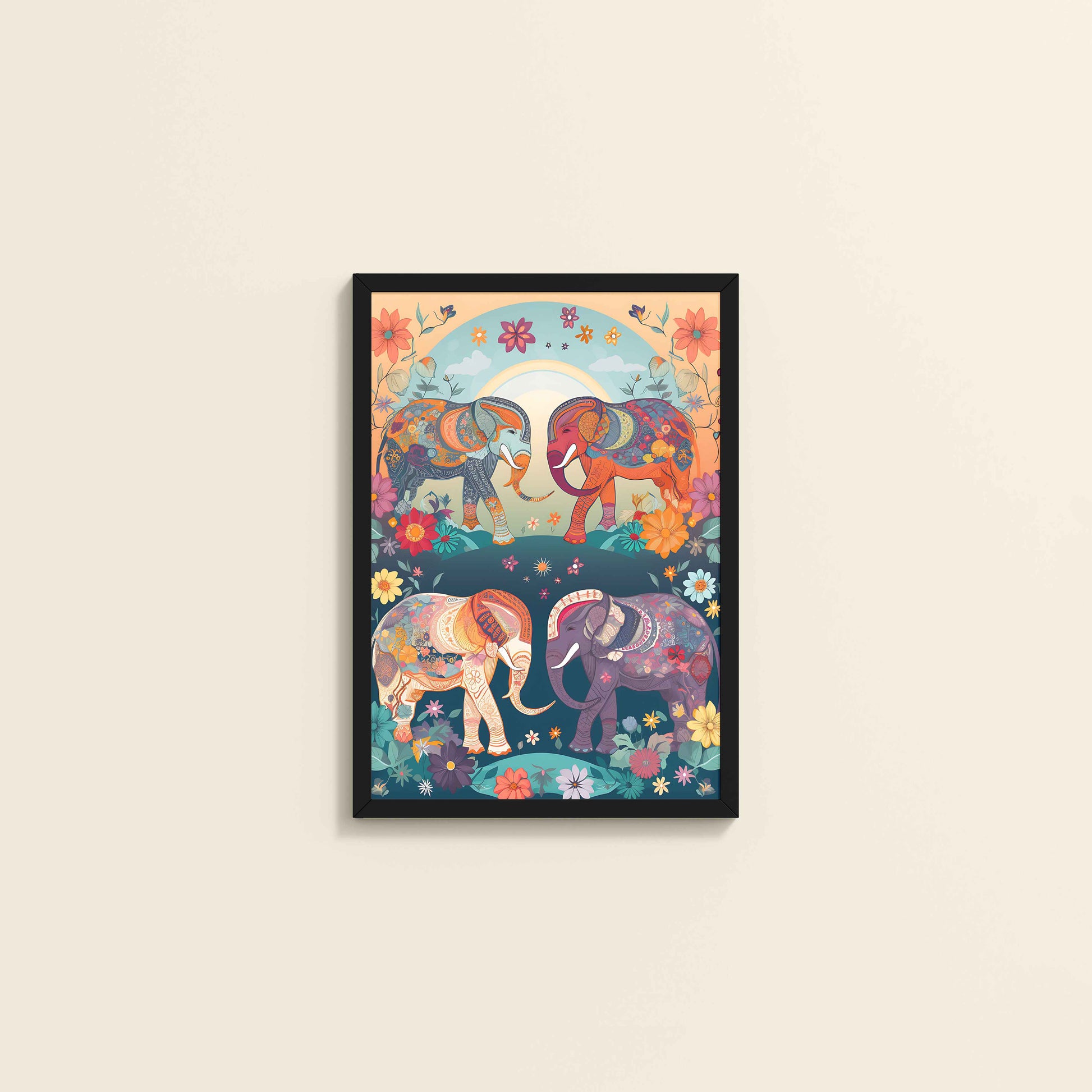 Wall View of Intricately Adorned Elephants – Traditional Madhubani Artwork in Black Color Frame
