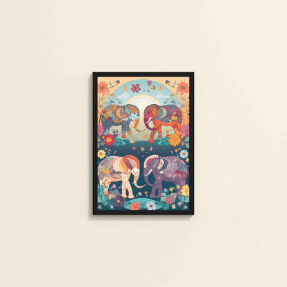 Wall View of Intricately Adorned Elephants – Traditional Madhubani Artwork in Black Color Frame