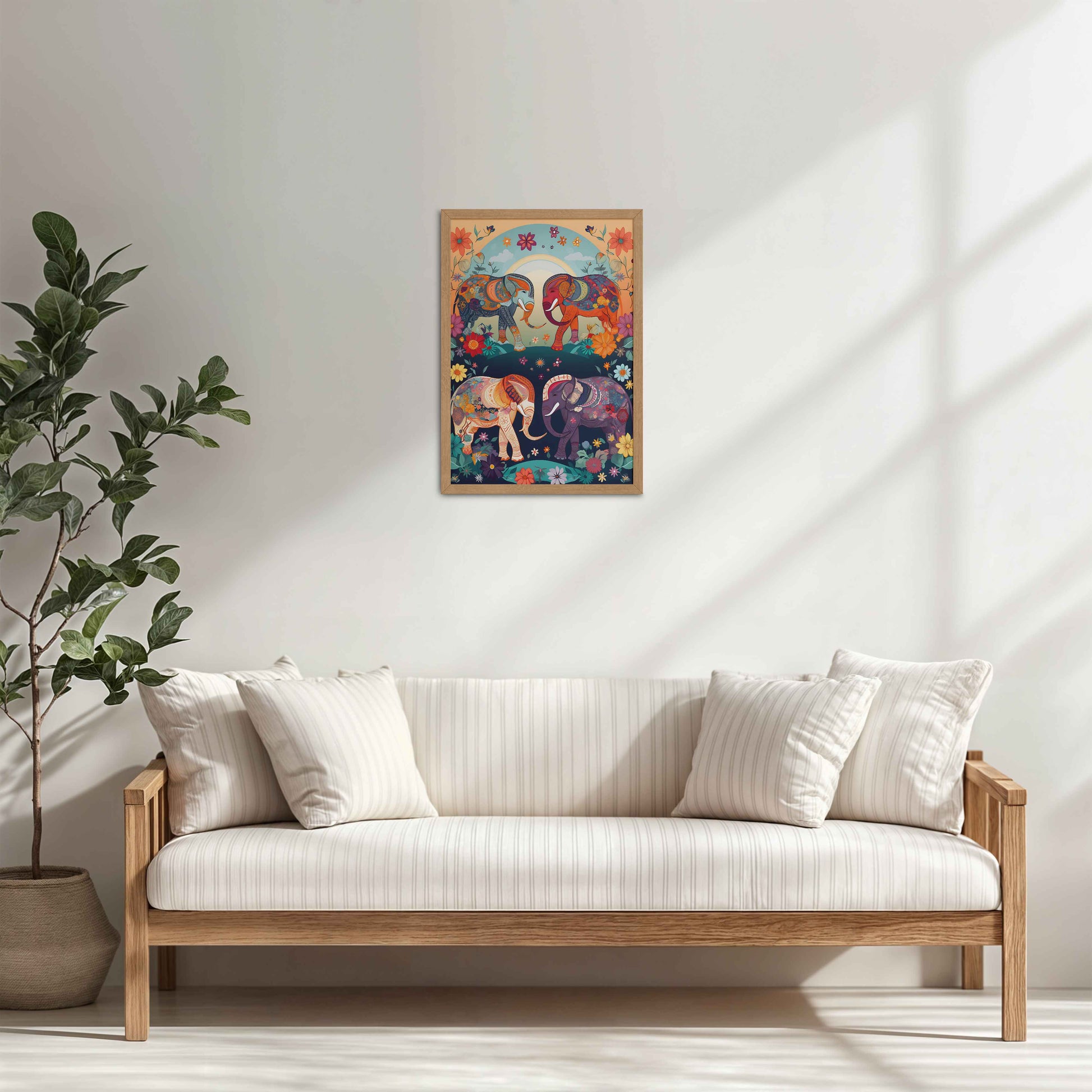 Living Room Cabinet Table Preview of Intricately Adorned Elephants – Traditional Madhubani Artwork in Natrual Color Frame