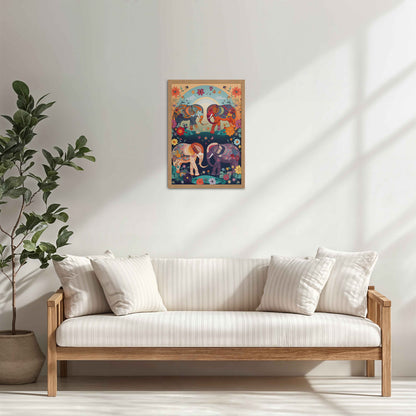 Living Room Cabinet Table Preview of Intricately Adorned Elephants – Traditional Madhubani Artwork in Natrual Color Frame