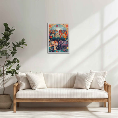 Living Room Cabinet Table Preview of Intricately Adorned Elephants – Traditional Madhubani Artwork in White Color Frame