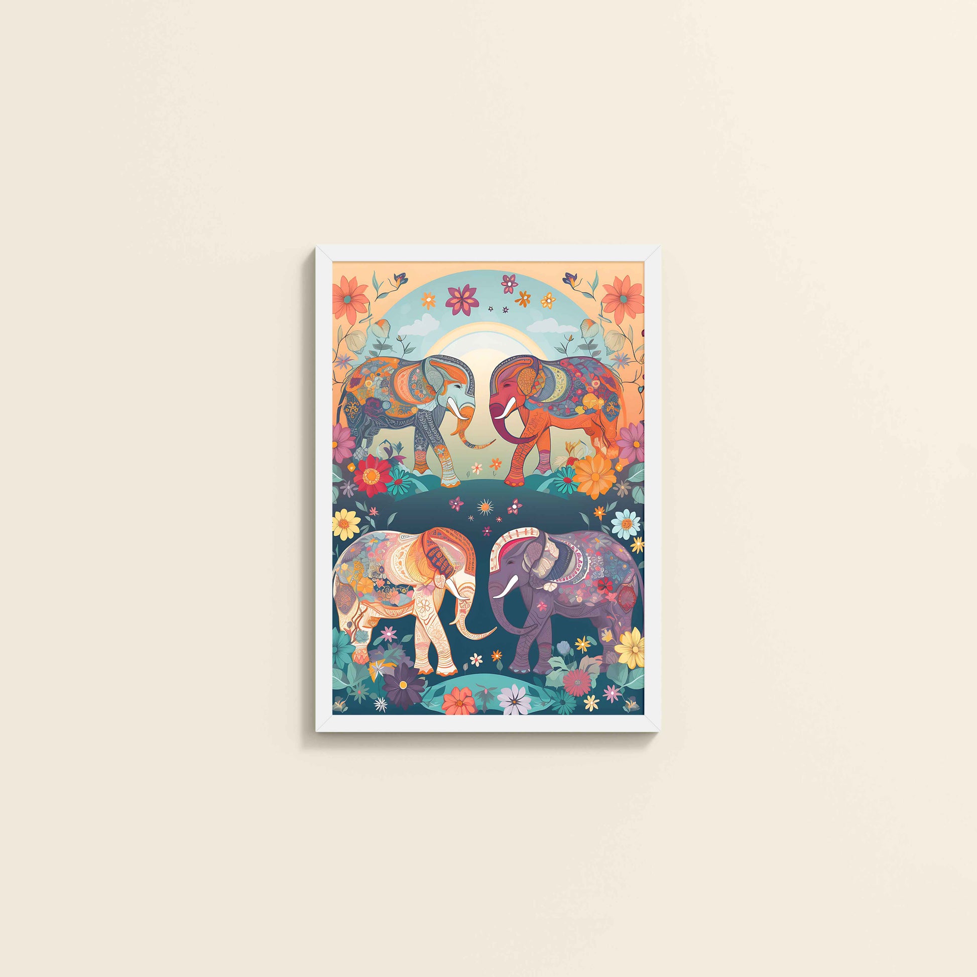 Wall View of Intricately Adorned Elephants – Traditional Madhubani Artwork in White Color Frame