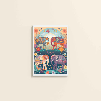 Wall View of Intricately Adorned Elephants – Traditional Madhubani Artwork in White Color Frame