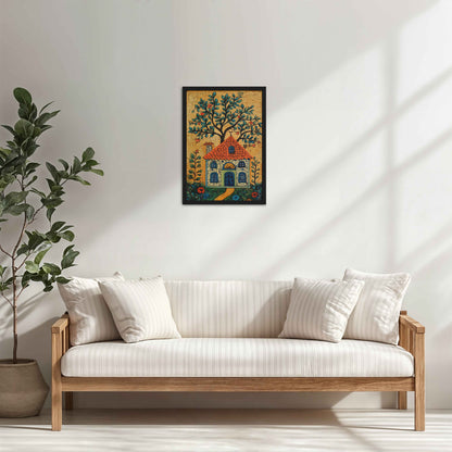 Living Room Cabinet Table Preview of House and Tree Traditional Madhubani Painting & Artwork in Black Color Frame