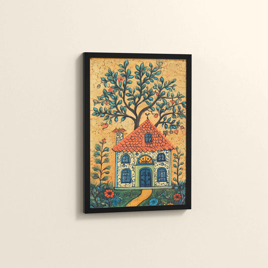 Side View of House and Tree Traditional Madhubani Painting & Artwork in Black Color Frame