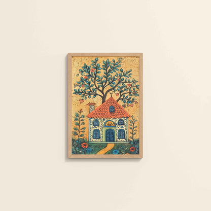 Wall View of House and Tree Traditional Madhubani Painting & Artwork in Natrual Color Frame