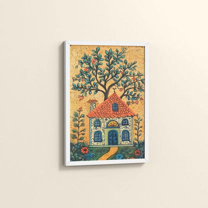 Side View of House and Tree Traditional Madhubani Painting & Artwork in White Color Frame