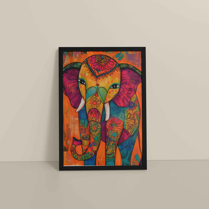 Floor View of Majestic Elephant in Traditional Madhubani Art Painting in Black Color Frame