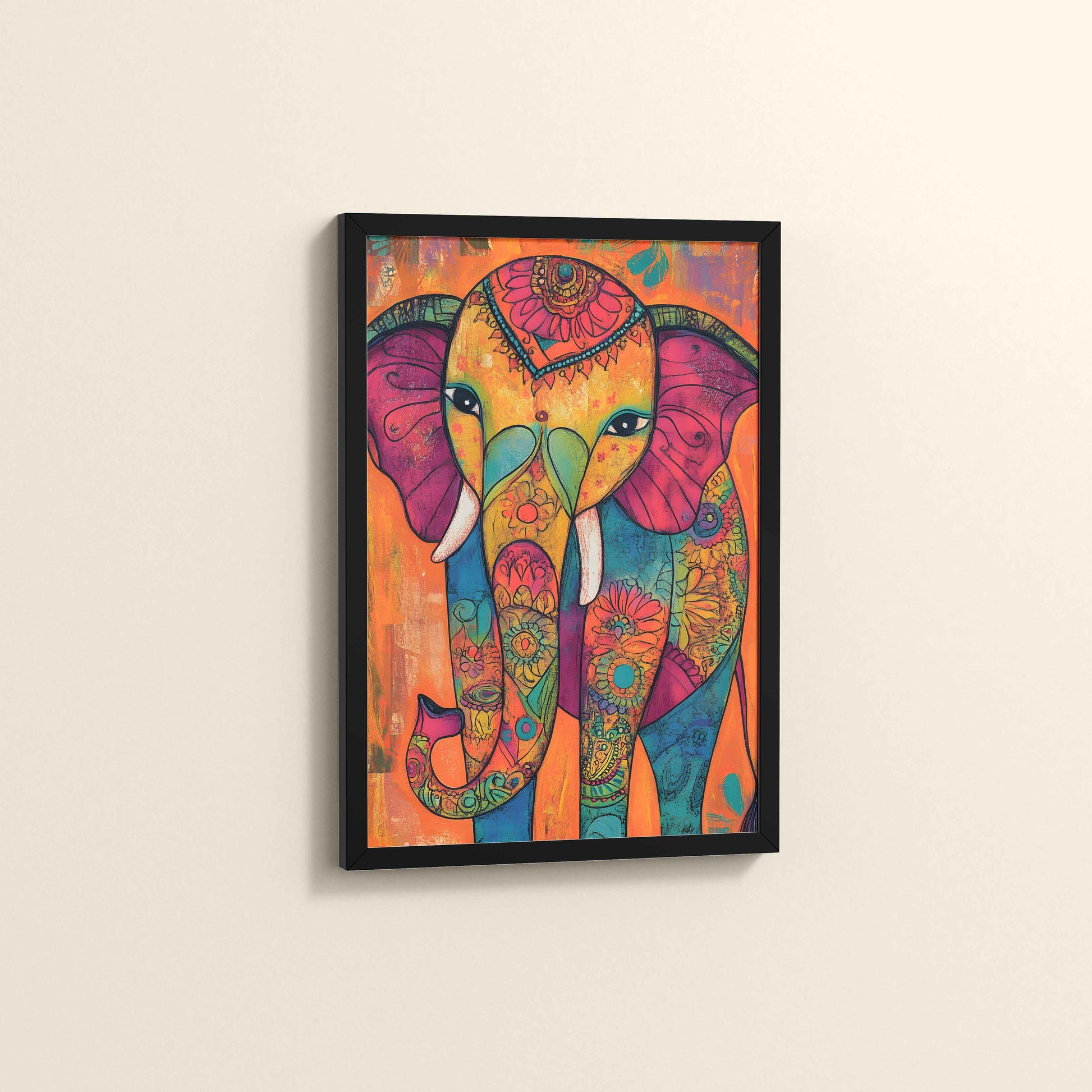 Side View of Majestic Elephant in Traditional Madhubani Art Painting in Black Color Frame