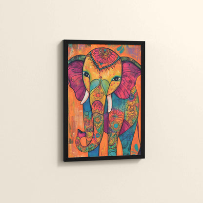 Side View of Majestic Elephant in Traditional Madhubani Art Painting in Black Color Frame