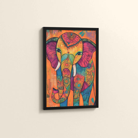 Side View of Majestic Elephant in Traditional Madhubani Art Painting in Black Color Frame