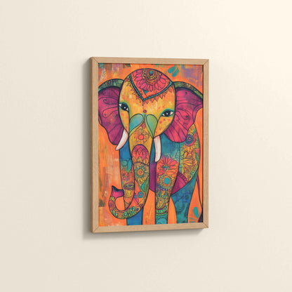 Side View of Majestic Elephant in Traditional Madhubani Art Painting in Natrual Color Frame
