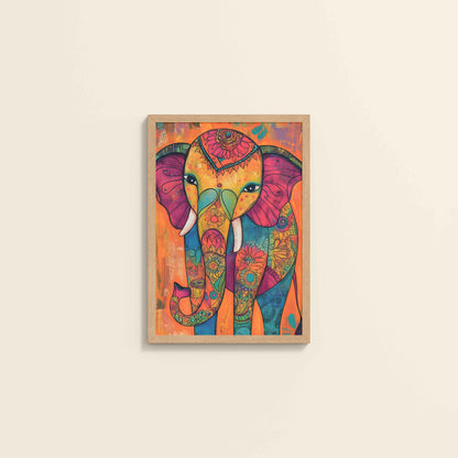 Wall View of Majestic Elephant in Traditional Madhubani Art Painting in Natrual Color Frame