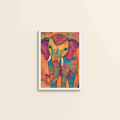 Wall View of Majestic Elephant in Traditional Madhubani Art Painting in White Color Frame