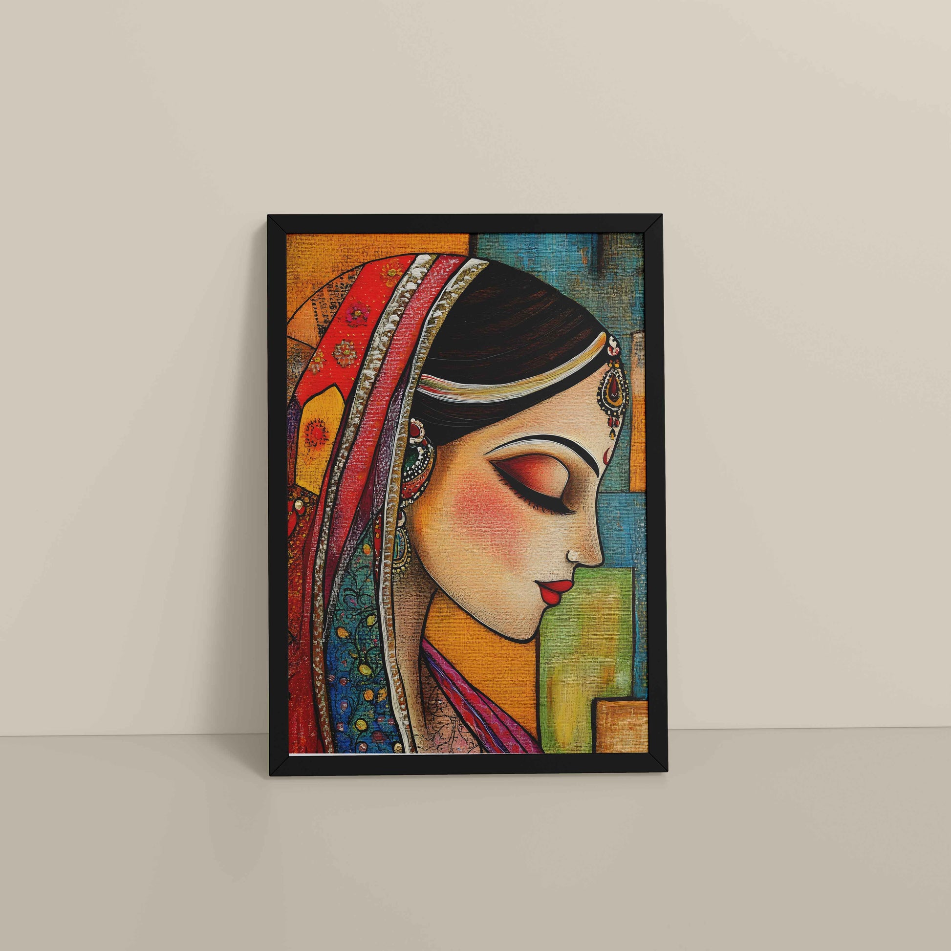 Floor View of Graceful Indian Woman – Abstract Madhubani Art Frame in Black Color Frame