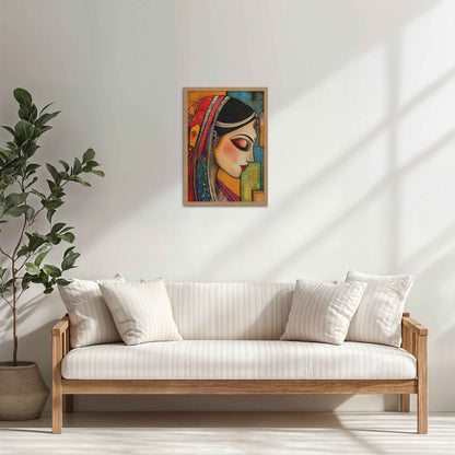 Living Room Cabinet Table Preview of Graceful Indian Woman – Abstract Madhubani Art Frame in Natrual Color Frame