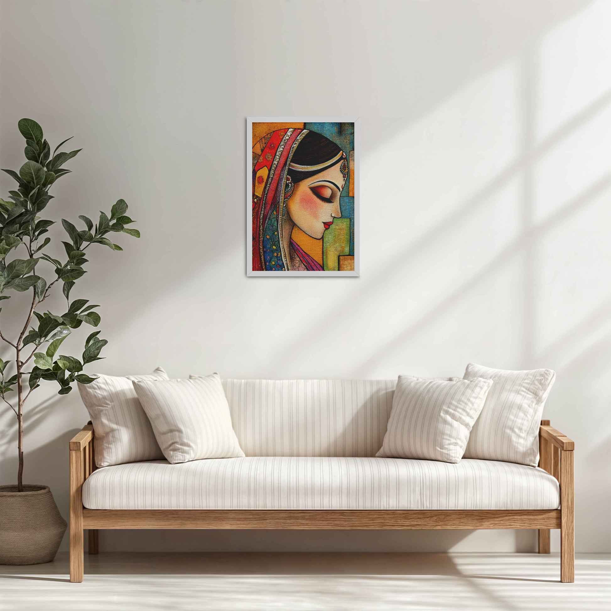 Living Room Cabinet Table Preview of Graceful Indian Woman – Abstract Madhubani Art Frame in White Color Frame