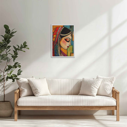 Living Room Cabinet Table Preview of Graceful Indian Woman – Abstract Madhubani Art Frame in White Color Frame