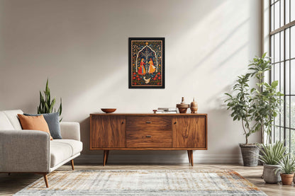 Living Room Sofa Preview of Indian King and Queen – Traditional Madhubani Art Frame in Black Color Frame