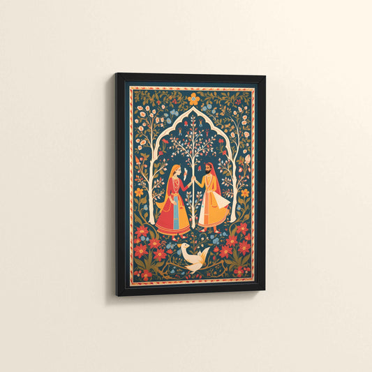 Side View of Indian King and Queen – Traditional Madhubani Art Frame in Black Color Frame