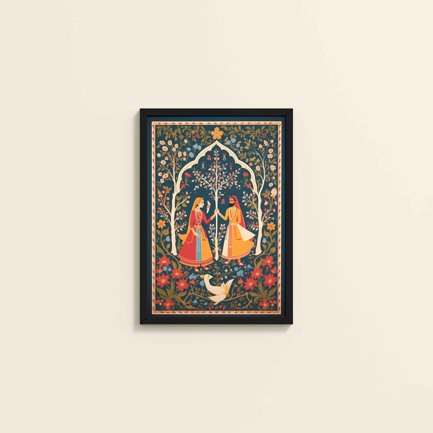 Wall View of Indian King and Queen – Traditional Madhubani Art Frame in Black Color Frame