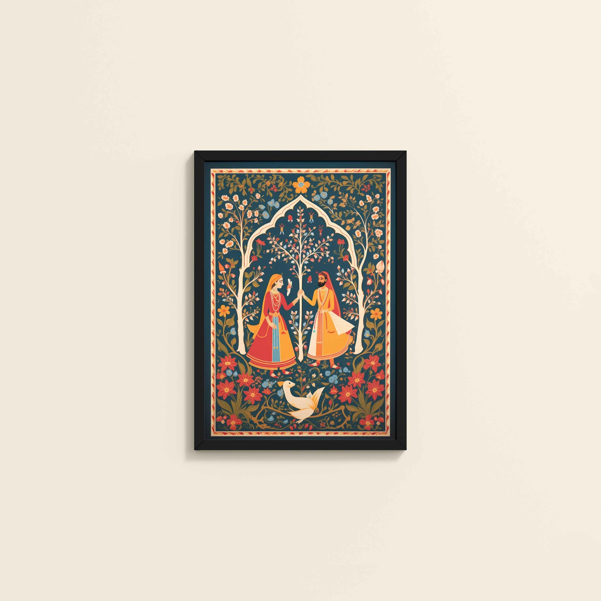 Wall View of Indian King and Queen – Traditional Madhubani Art Frame in Black Color Frame