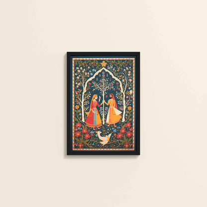 Wall View of Indian King and Queen – Traditional Madhubani Art Frame in Black Color Frame
