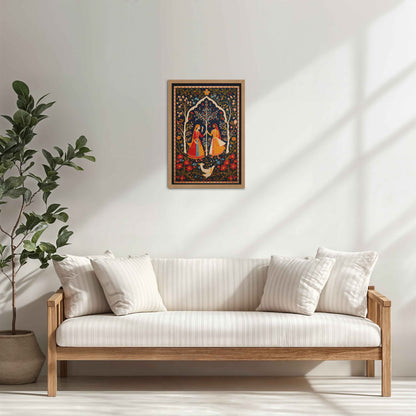 Living Room Cabinet Table Preview of Indian King and Queen – Traditional Madhubani Art Frame in Natrual Color Frame