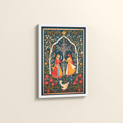 Side View of Indian King and Queen – Traditional Madhubani Art Frame in White Color Frame