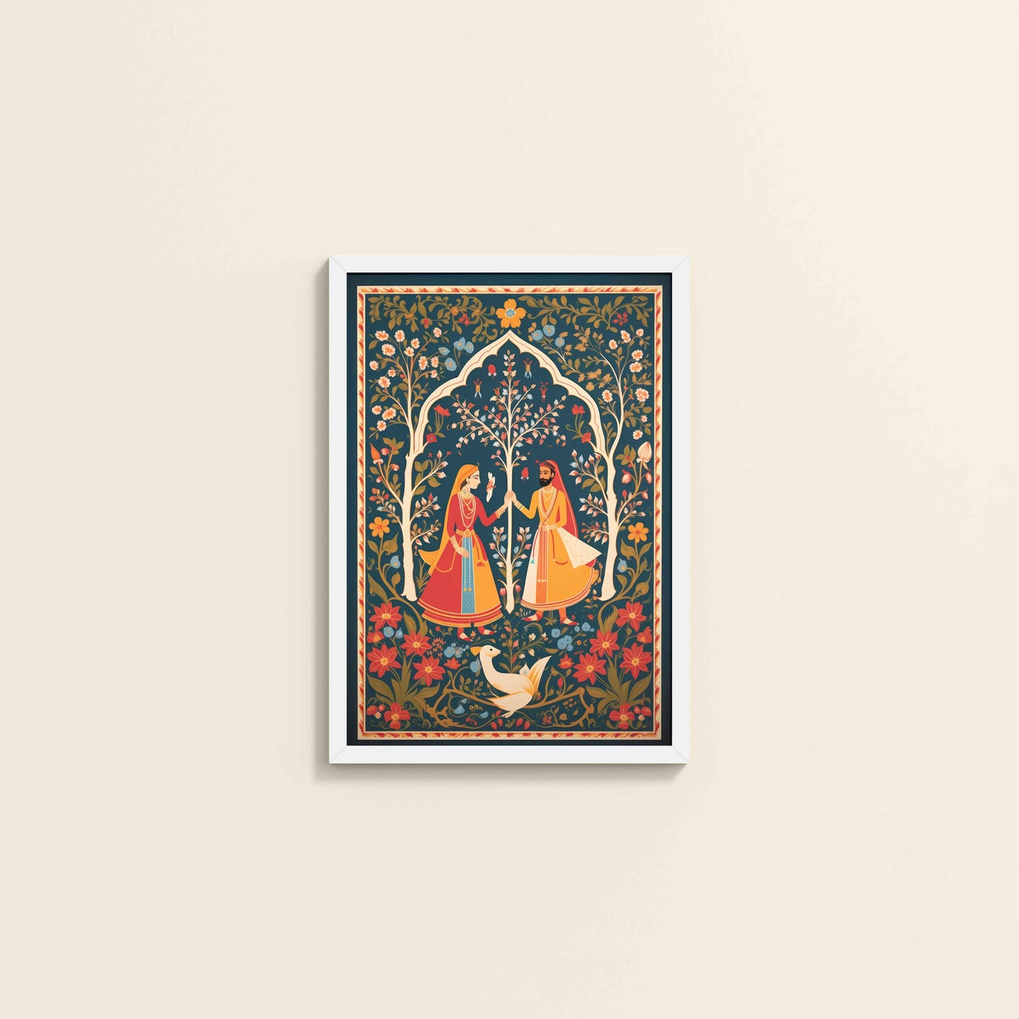 Wall View of Indian King and Queen – Traditional Madhubani Art Frame in White Color Frame