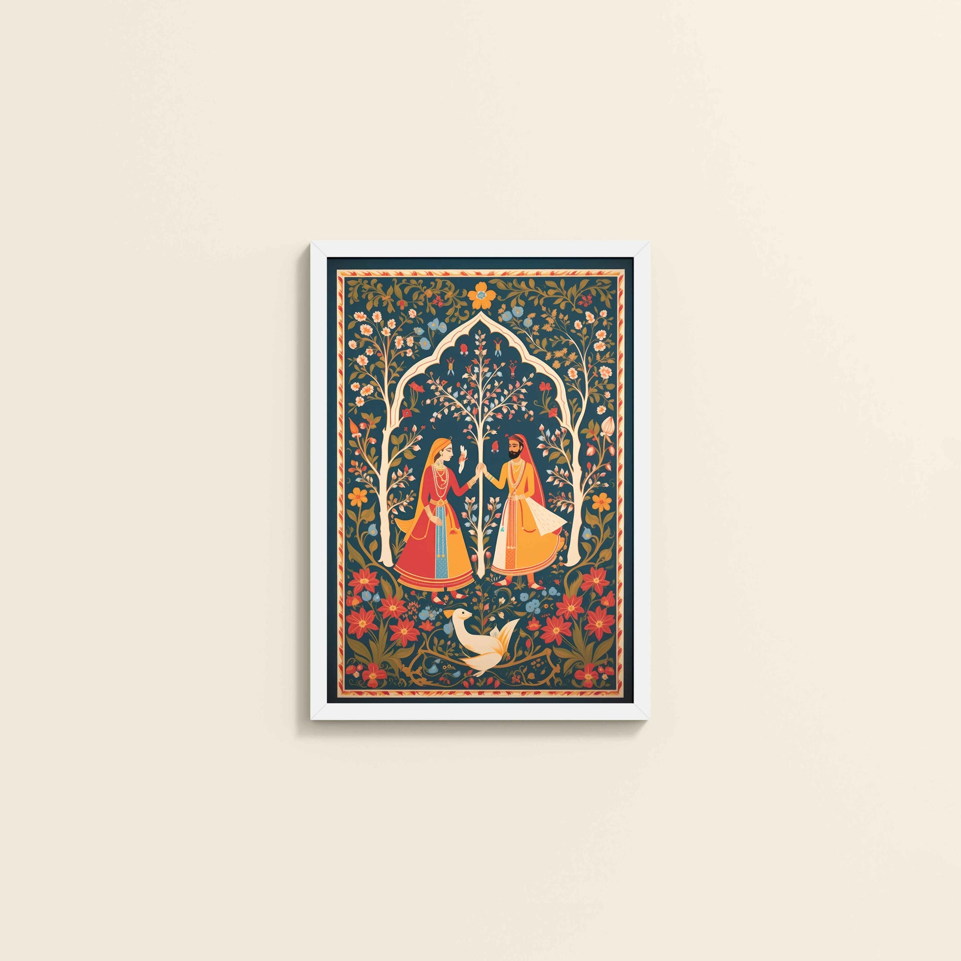 Wall View of Indian King and Queen – Traditional Madhubani Art Frame in White Color Frame