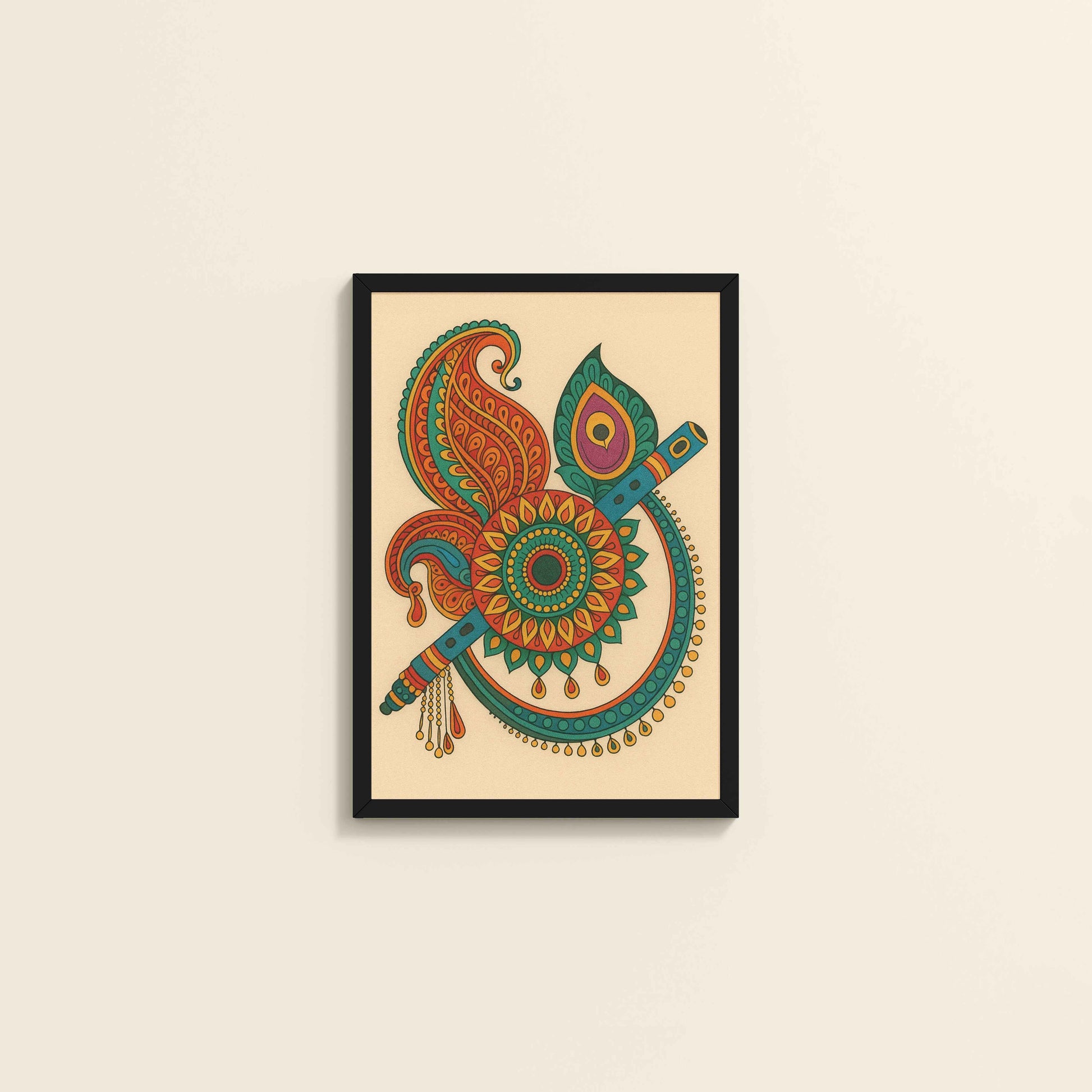 Wall View of Flute & Feather – Krishna Crerative Mandala Art in Black Color Frame