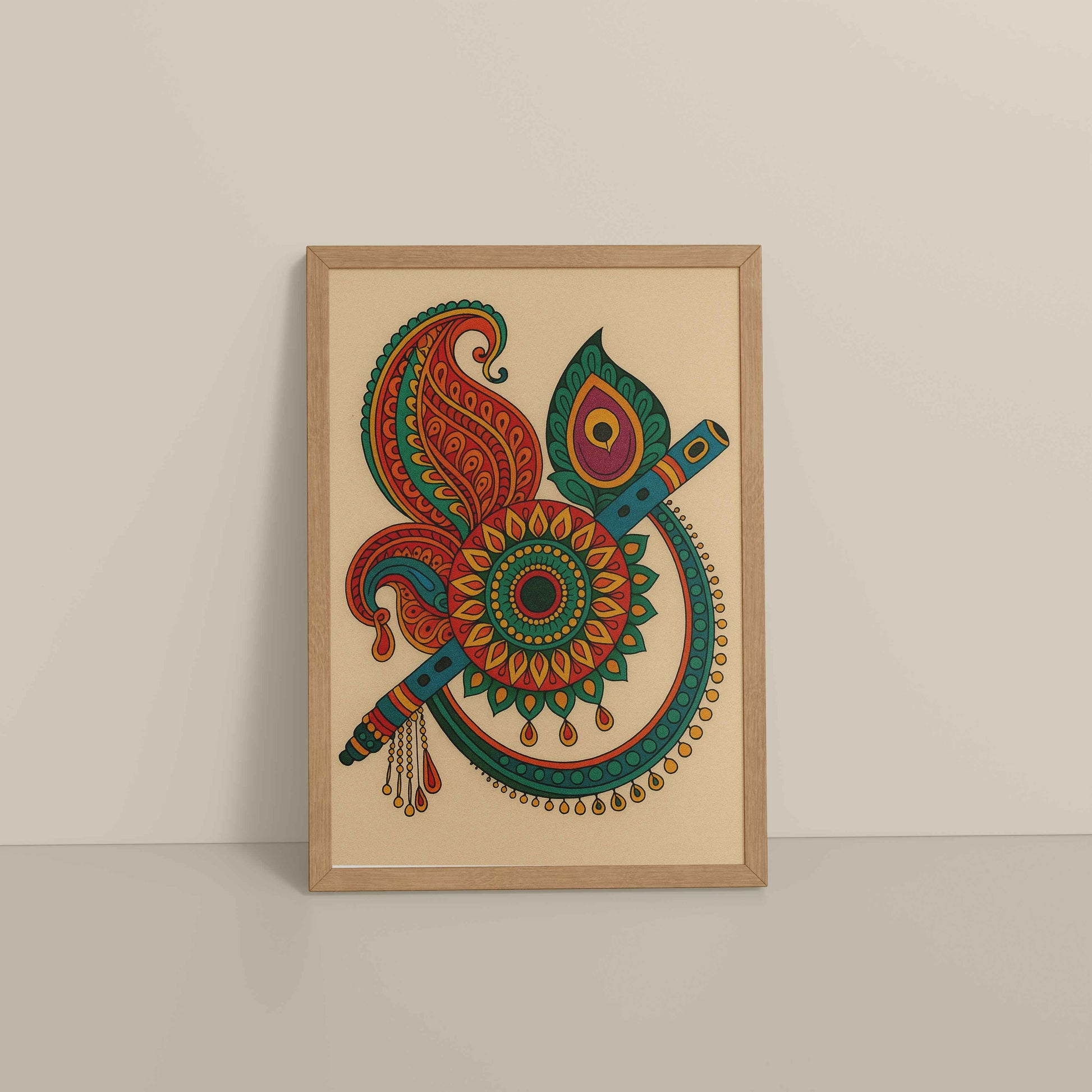 Floor View of Flute & Feather – Krishna Crerative Mandala Art in Natrual Color Frame