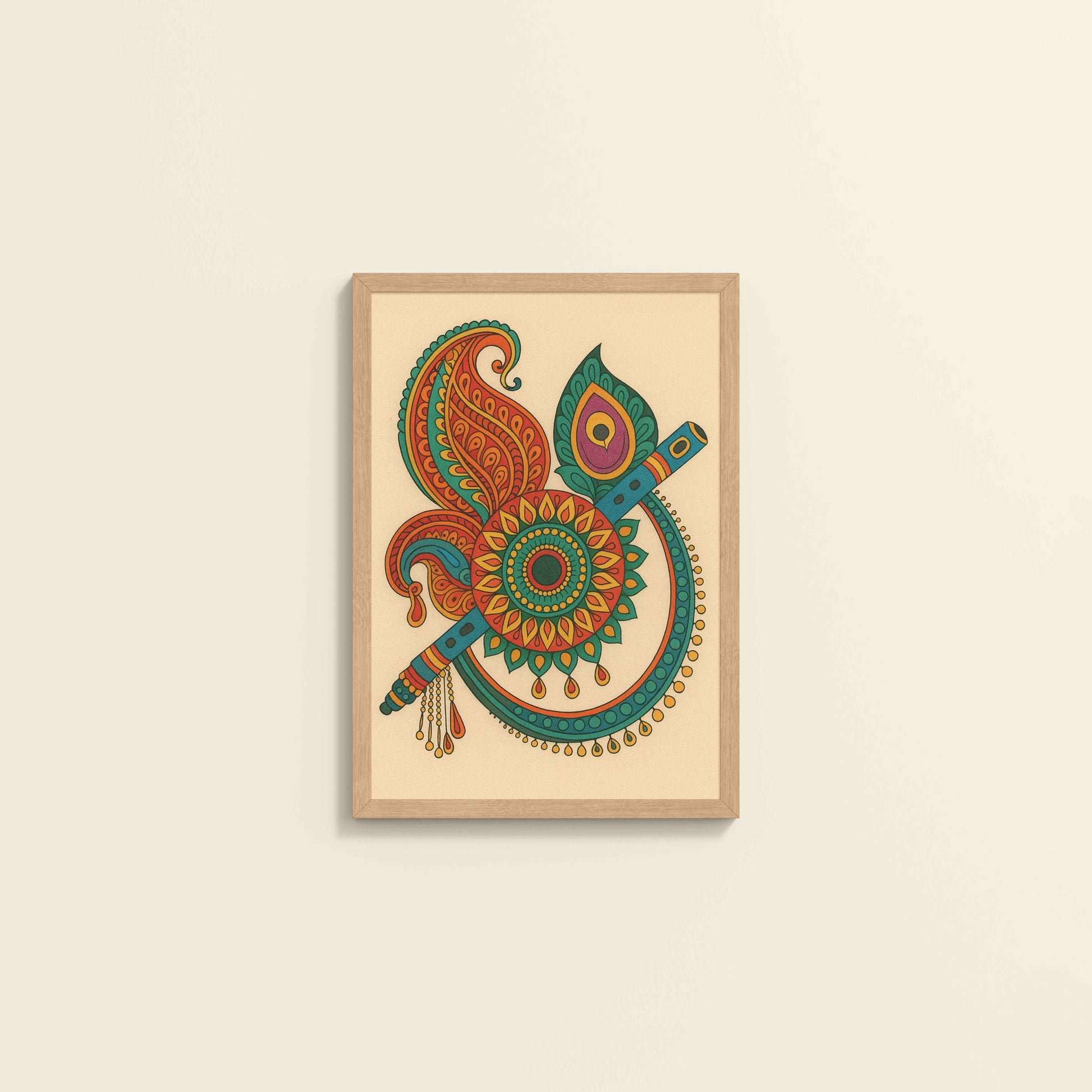 Wall View of Flute & Feather – Krishna Crerative Mandala Art in Natrual Color Frame