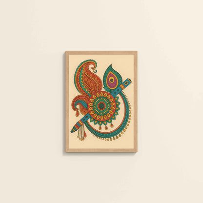 Wall View of Flute & Feather – Krishna Crerative Mandala Art in Natrual Color Frame