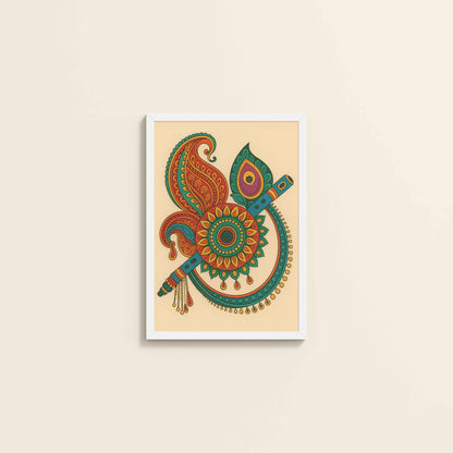 Wall View of Flute & Feather – Krishna Crerative Mandala Art in White Color Frame