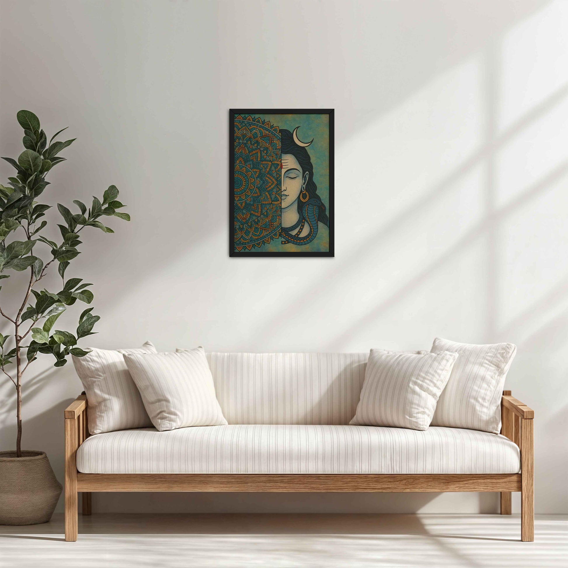 Living Room Cabinet Table Preview of Divine Meditator – Lord Shiva Mandala Artwork in Black Color Frame