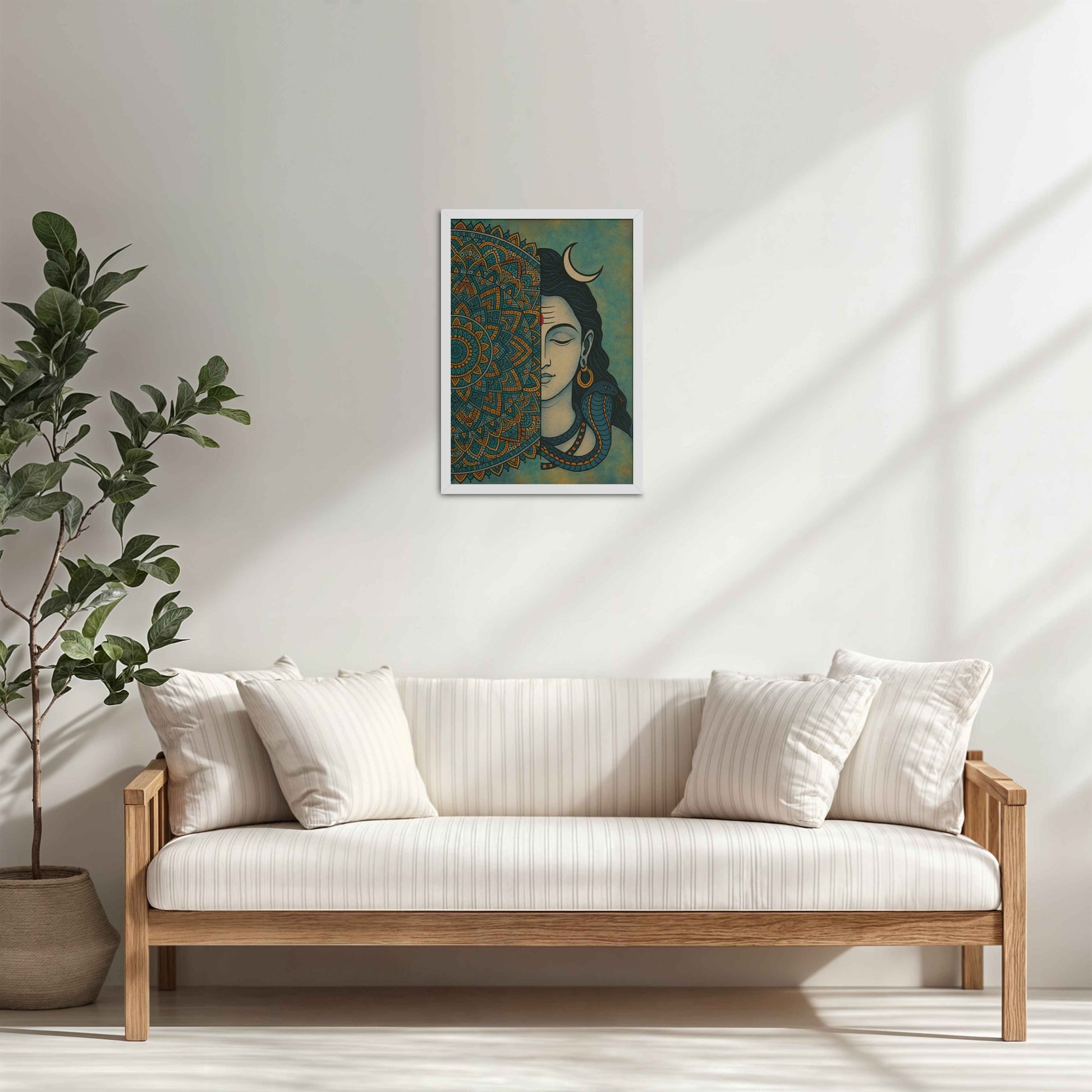 Living Room Cabinet Table Preview of Divine Meditator – Lord Shiva Mandala Artwork in White Color Frame