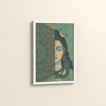Side View of Divine Meditator – Lord Shiva Mandala Artwork in White Color Frame