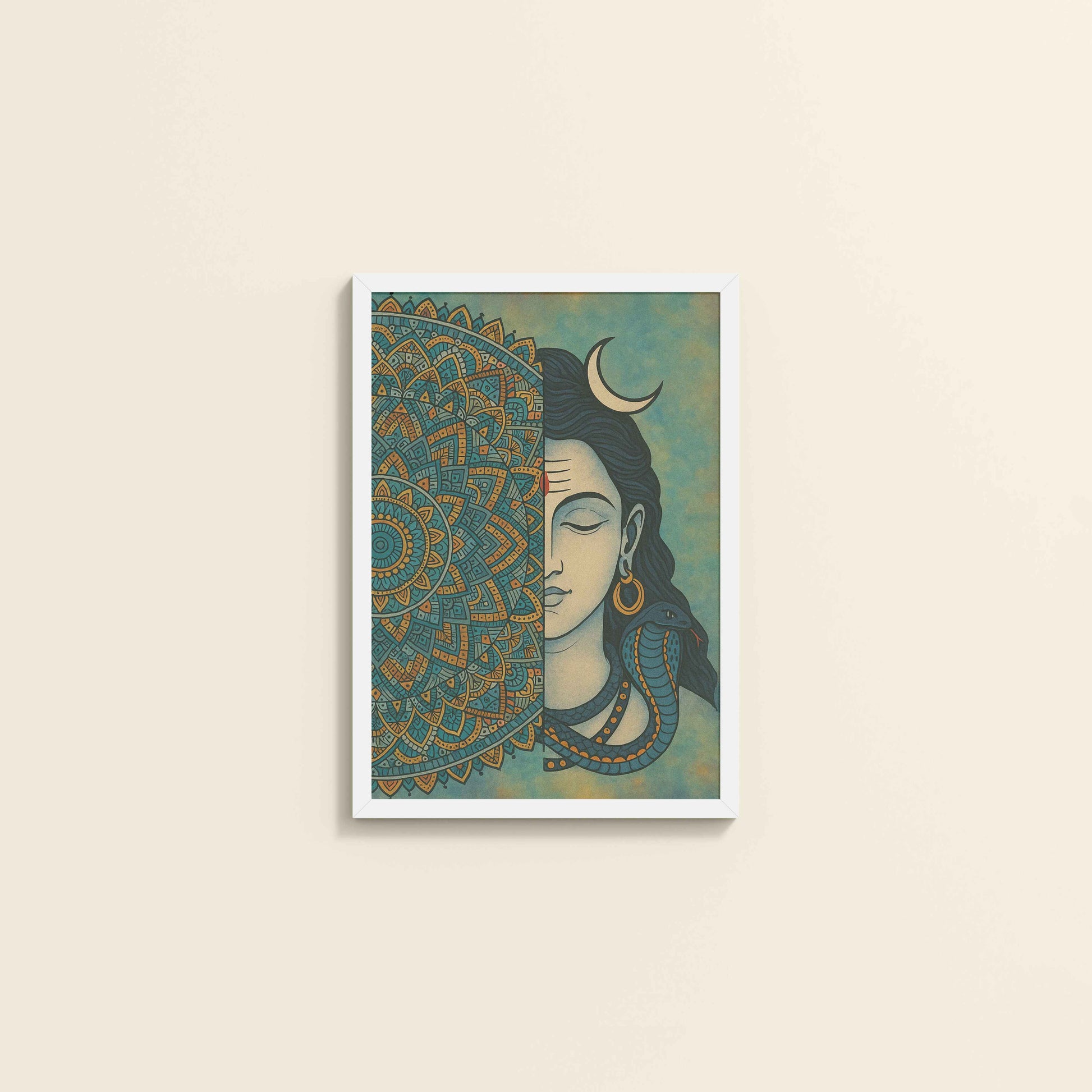 Wall View of Divine Meditator – Lord Shiva Mandala Artwork in White Color Frame