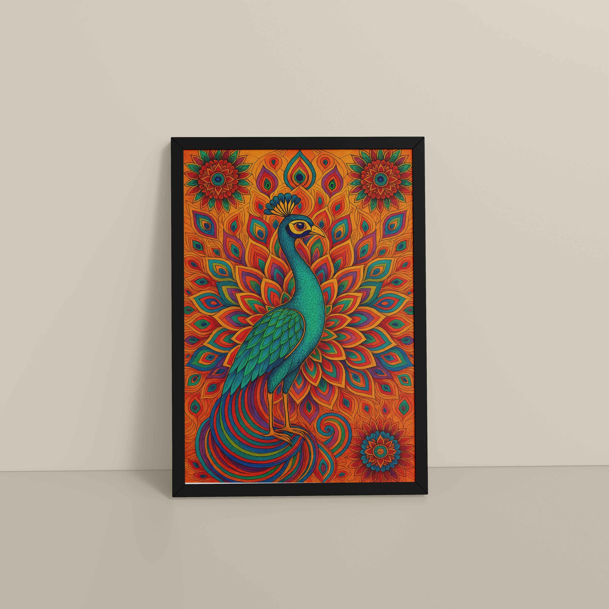 Floor View of Serenity in Feathers – Peacock Mandala Wall Art in Black Color Frame